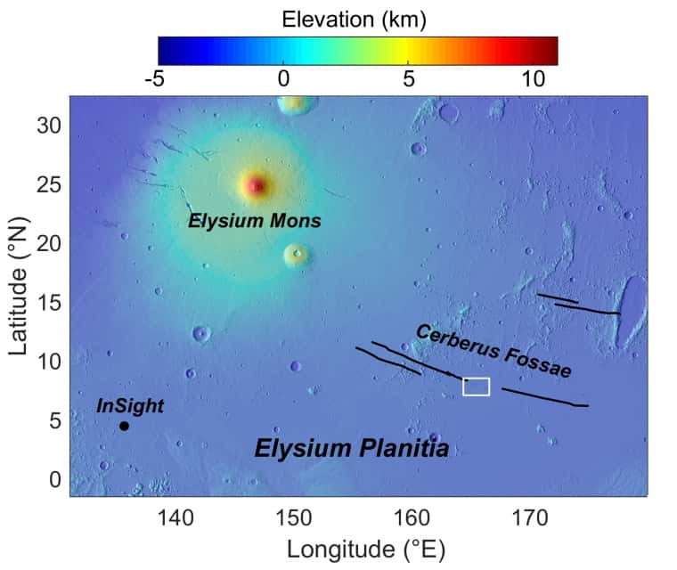 Une carte de la région. C’est dans la zone marquée d’un rectangle blanc que les astronomes de l’université de l’Arizona ont identifié un gisement volcanique récemment actif. © <em>Mola Science Team</em>