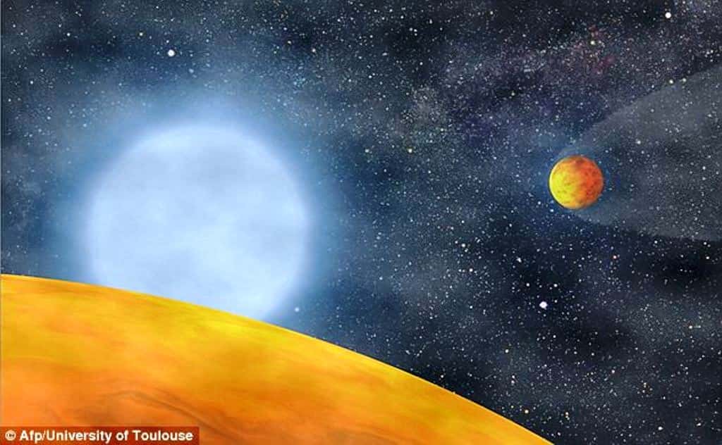 Une vue d'artiste des planètes chthoniennes autour de KIC 05807616. Baptisées KOI 55.01 et KOI 55.02 elles sont situées dans le voisinage des constellations du Cygne et de la Lyre, à environ 3.900 années-lumière de la Terre. © Stéphane Charpinet