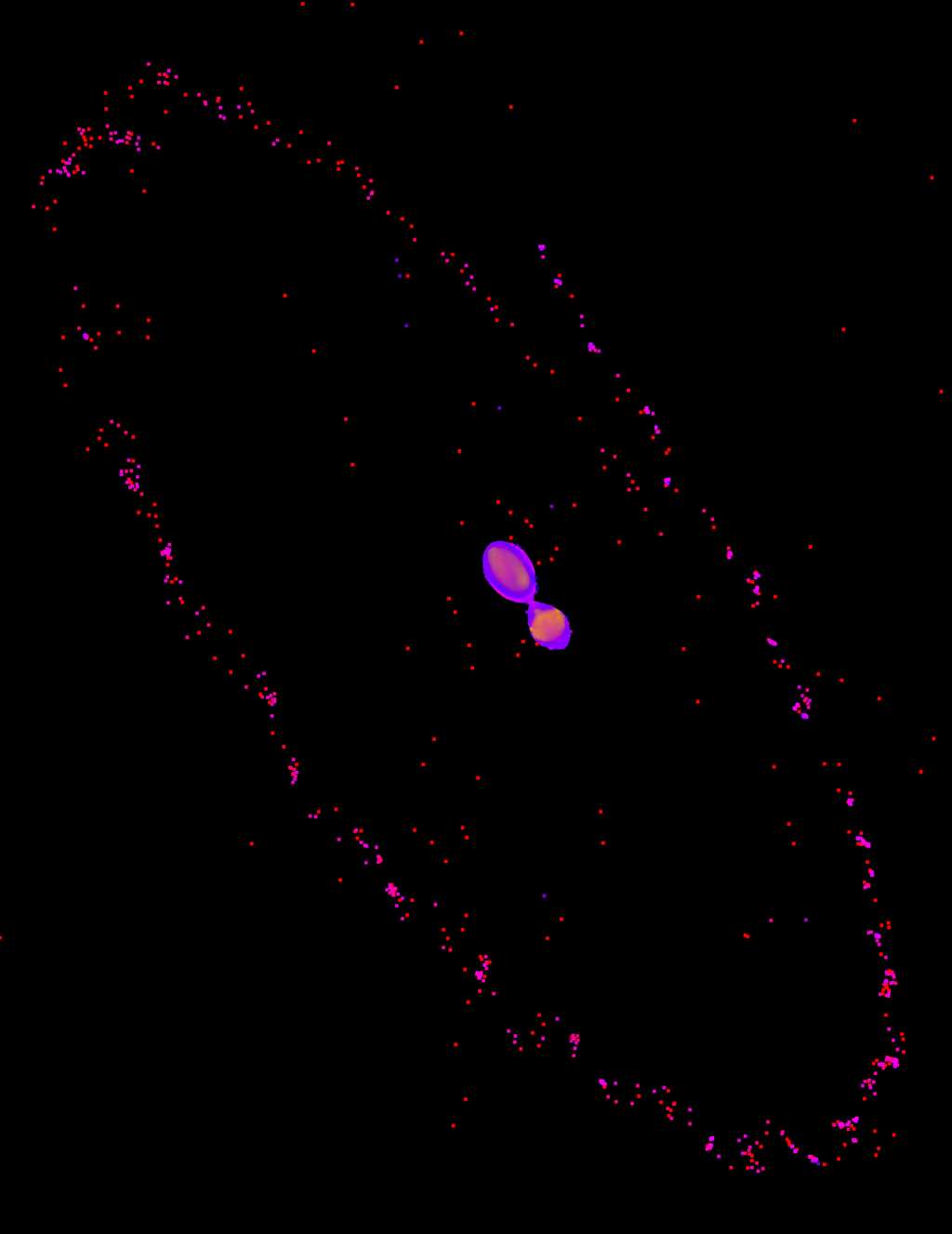 Une vue sur Pluton et Charon pendant le process de <em>« kiss and capture »</em> – comprenez <em>« embrasse et capture »</em> – qui semble avoir donné naissance au duo. © Robert Melikyan, Adeene Denton, Université de l’Arizona