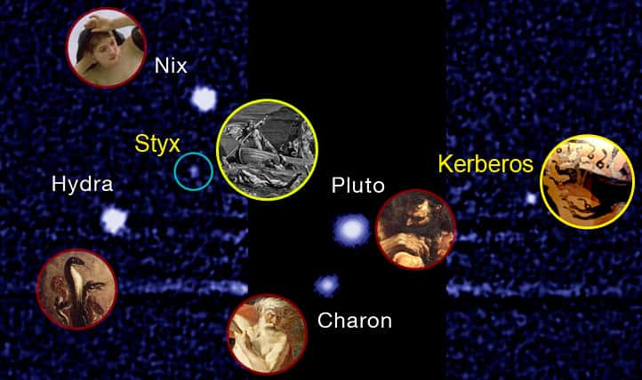 Les cinq lunes de Pluton connues en 2013 tirent leurs noms de la mythologie grecque. Ainsi, Hydra est le nom anglais de l’Hydre, le monstre dont les têtes repoussaient lorsqu’Hercule les tranchait, et Nyx, déesse grecque de la nuit, n’est autre que la mère de Charon. © Institut Seti
