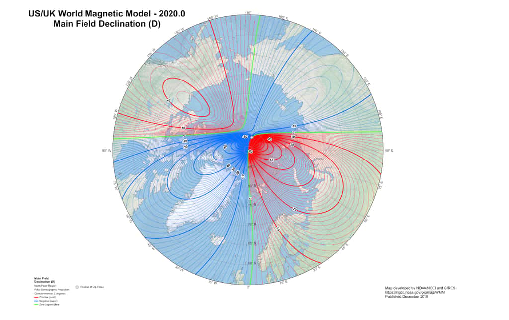 Ici, la carte de la déclinaison et de l’emplacement du pôle nord magnétique en 2020. © NOAA NCEI, CIRES