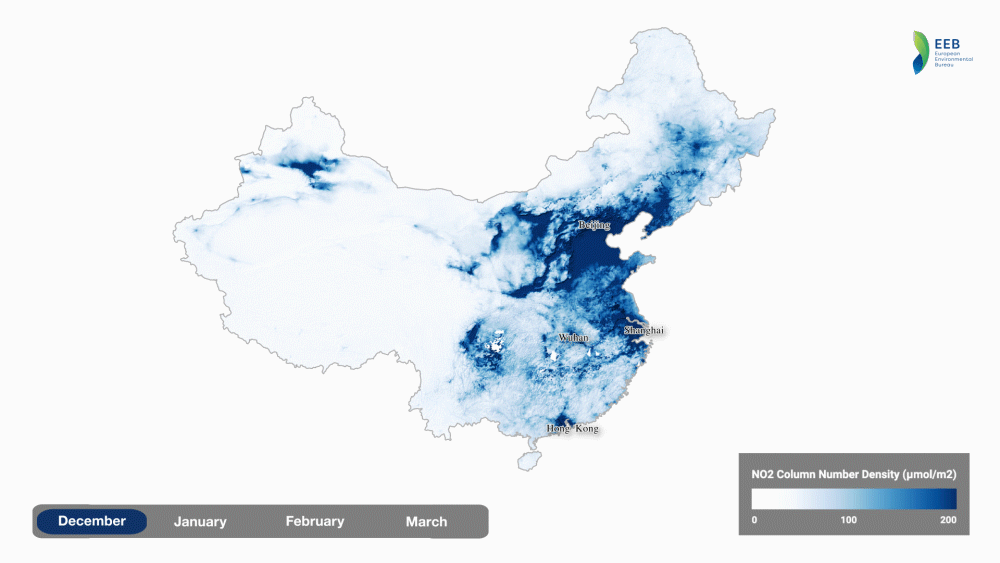 Les concentrations en NO<sub>2</sub> au-dessus de la Chine, selon les données de l’ESA. © ESA/EEB/James Poetzscher