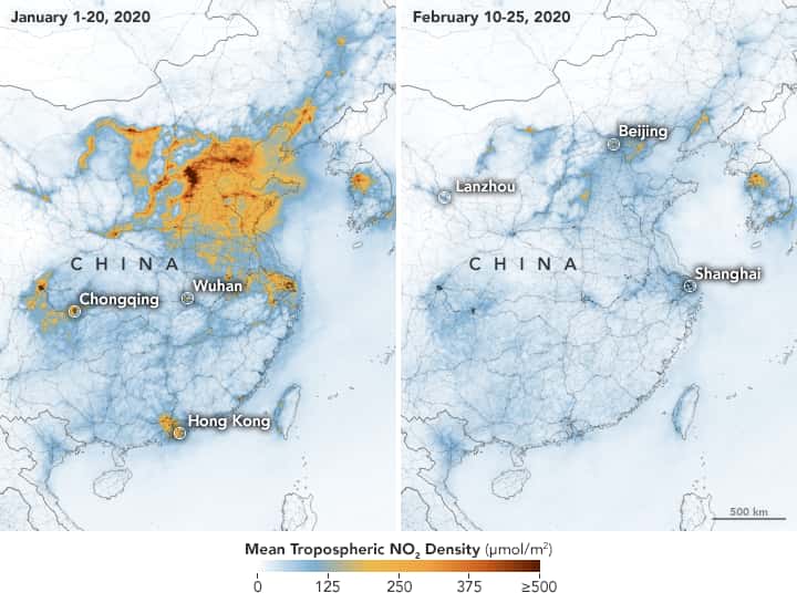Sur ces images, la chute vertigineuse de pollution au dioxyde d’azote (NO<sub>2</sub>) en Chine entre janvier et février 2020. © Joshua Stevens, Earth Observatory