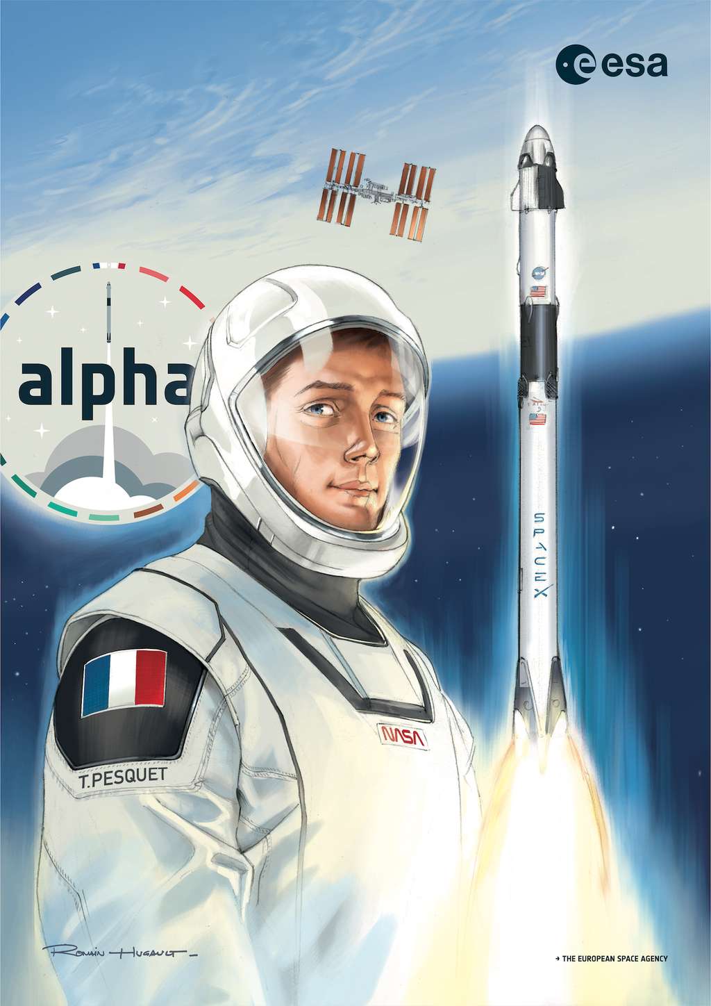 Ce poster de la mission Alpha a été réalisé par l’artiste Romain Hugault pour marquer le retour dans l’espace de Thomas Pesquet. © Romain Hugault