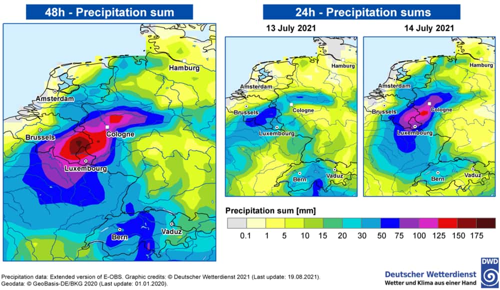 À gauche, les précipitations tombées sur la région Belgique-Allemagne, cumulées sur deux jours, les 13 et 14 juillet 2021. À droite, les précipitations pour chacun de ces deux jours. © <em>Deutscher Wetterdienst, World Weather Attribution</em>