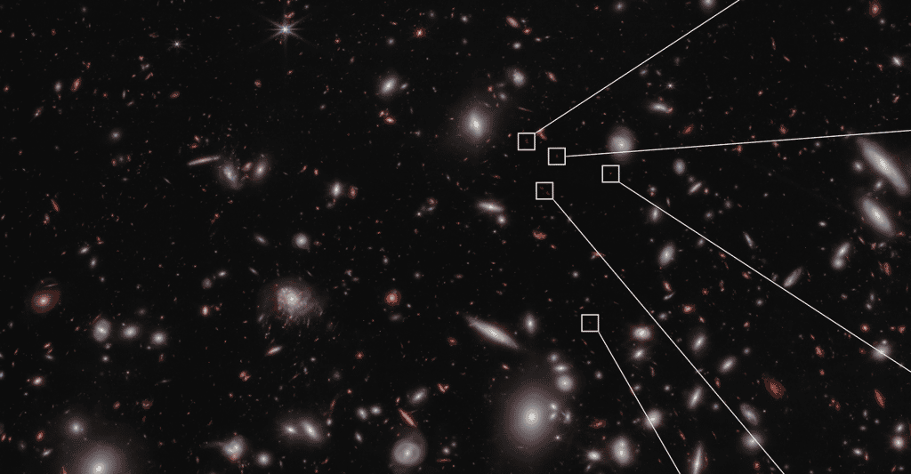 Les sept galaxies (ici encadrées) observées par des chercheurs du California Institute of Technology (États-Unis) à l’aide du télescope spatial James-Webb (JWST) alors que notre Univers n’avait pas plus de 650 millions d’années font bien partie d’un protoamas de galaxies. © Nasa, ESA, CSA, Takahiro Morishita (IPAC) ; Alyssa Pagan (STScI) 