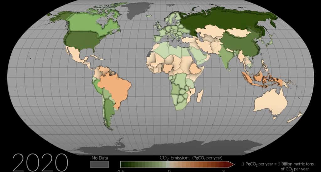 Les stocks de carbone dans la végétation et dans les sols selon les pays du monde. © Studio de visualisation scientifique de la Nasa