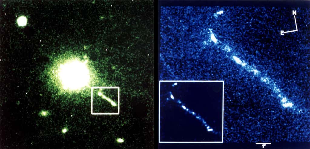 Le quasar 3C 273, le plus lumineux jamais observé, apparaît sur ces photographies prises dans le visible par le télescope spatial Hubble. Avec une magnitude apparente (ou relative) de 12,9, 3C 273 est situé à 2,44 milliards d'années-lumière. On voit le jet de matière qu'il émet en bas à droite. © R. C. Thomson, IoA, Cambridge, Royaume-Uni ; C. D. Mackay, IoA, Cambridge, Royaume-Uni ; A. E. Wright, ATNF, Parkes, Australie