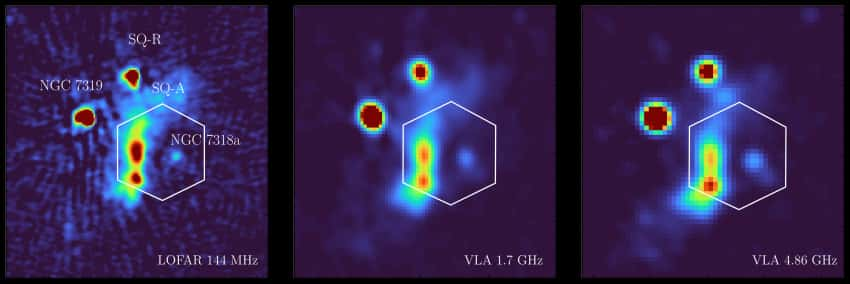 Ici, des images radio du Quintette de Stephan à différentes fréquences, prises par le <em>Low Frequency Array</em> (Lofar) et le <em>Very Large Array</em> (VLA). Les couleurs rouges indiquent une forte émission radio provenant du front de choc, ainsi que de certaines galaxies du groupe et au-delà. © Université de Hertfordshire