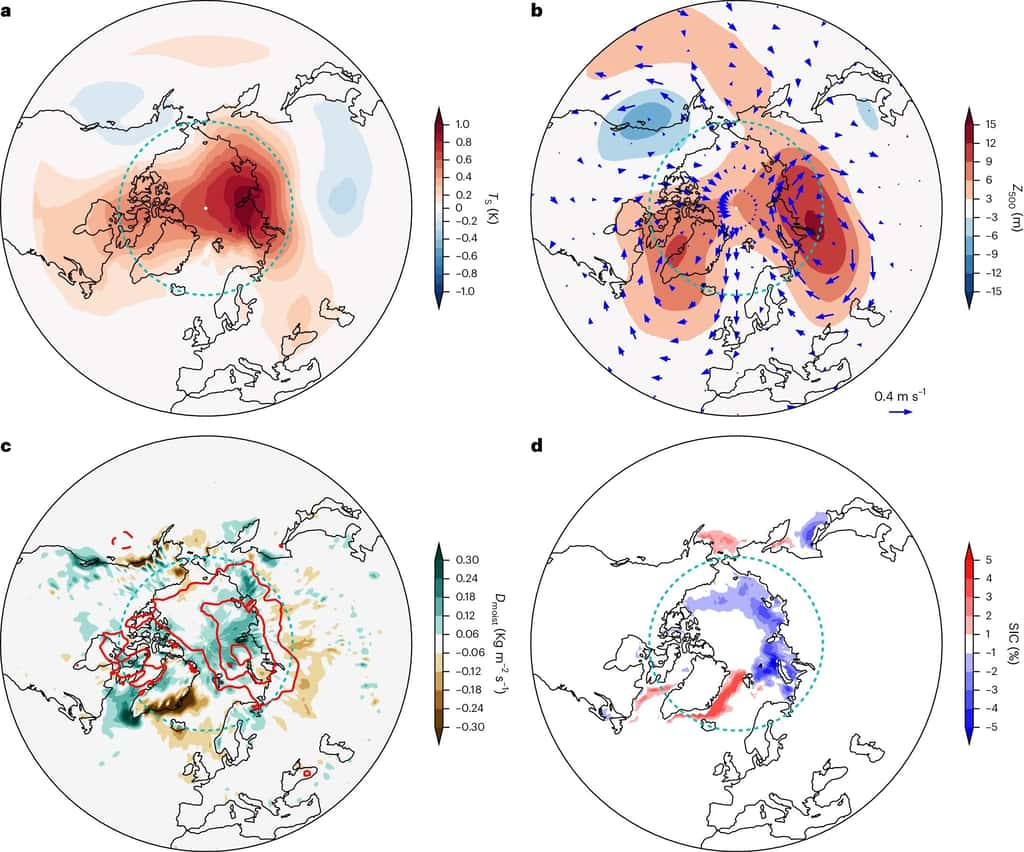 Des chercheurs du <em>Pacific Northwest National Laboratory</em> (PNNL, États-Unis) ont modélisé l’amplification du réchauffement en Arctique basée sur des facteurs de variabilité naturelle, tels que la température de surface (a), la hauteur géopotentielle (b), le flux d’humidité et le rayonnement à ondes longues (c) et la concentration de glace de mer (d). © Zhou et al. 2024, <em>Nature Geoscience</em>