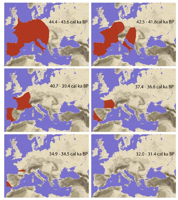 Les régions occupées par Néandertal à différentes époques en Europe sont en rouge. BP signifie Before present donc avant aujourd'hui. © Actualisée d'après Bocquet-Appel and Demars, 2000