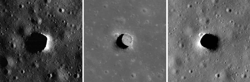 Ici, la dépression de Marius Hills vue par la mission <em>Lunar Reconnaissance Orbiter</em> (LRO, Nasa) avec trois éclairages très différents. Au centre, avec le Soleil au-dessus, pour une vue imprenable sur le sol. La dépression a une profondeur d’environ 34 mètres et une largeur de 65 sur mètres. © Nasa, GSFC, Université de l’État de l’Arizona
