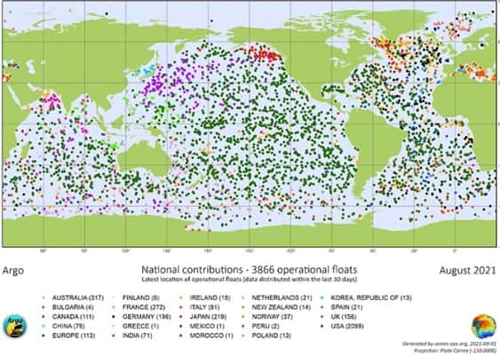 La répartition dans les océans du monde des flotteurs Argo en ce mois d’août 2021. © Argo Project