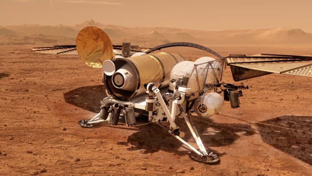 Une vue d’artiste de ce à quoi pourrait ressembler un atterrisseur de récupération d’échantillons sur Mars. © Nasa