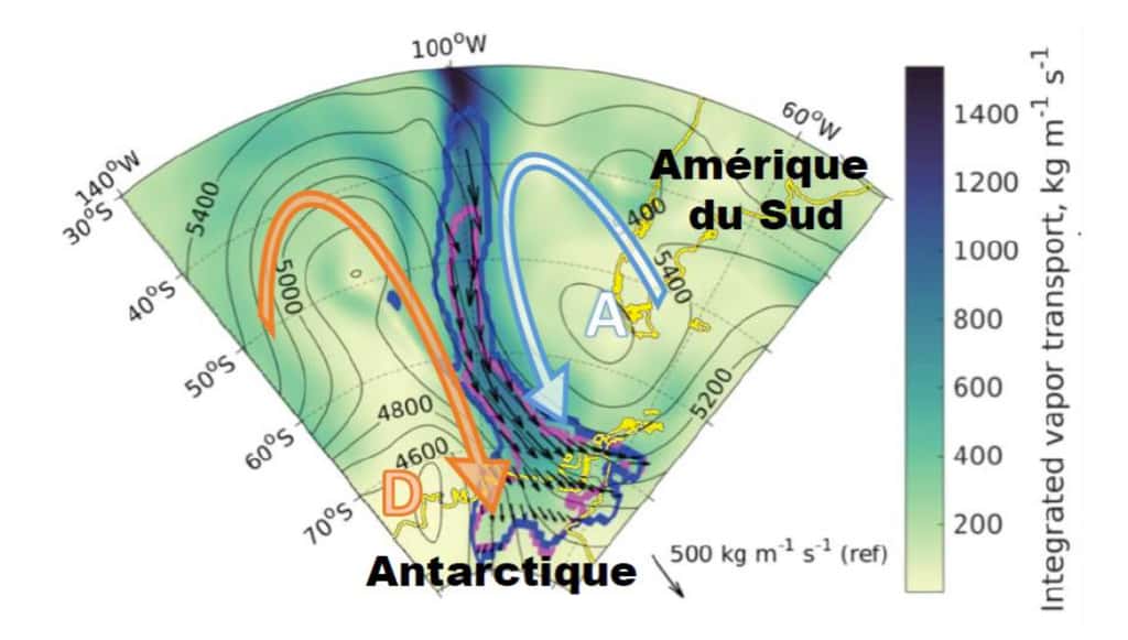 Les contours violet et bleu montrent les limites au 25 mai d’une rivière atmosphérique ayant contribué à l’événement de fonte du 25 au 30 mai 2016. Les flèches noires représentent le transport de vapeur d’eau au cœur de la rivière. Les grandes flèches montrent le sens de rotation des masses d’air autour du centre dépressionnaire (D) et de l’anticyclone (A). © CNRS