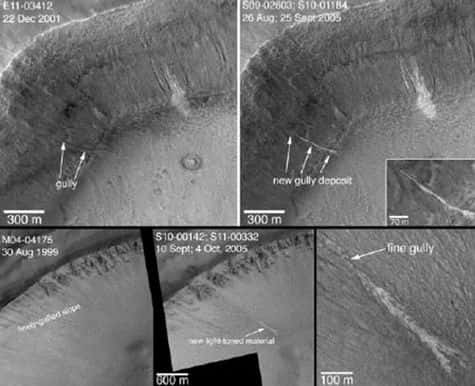 Le plancher et les parois d'une ravine au nord-ouest d'un cratère dans Terra Sirenium se sont profondément modifiés entre décembre 2001 et avril 2005, avec l'apparition d'un dépôt plus clair sur cette image (haut). La même modification apparaît dans un cratère de la région de Centauri Montes (bas). Crédit NASA