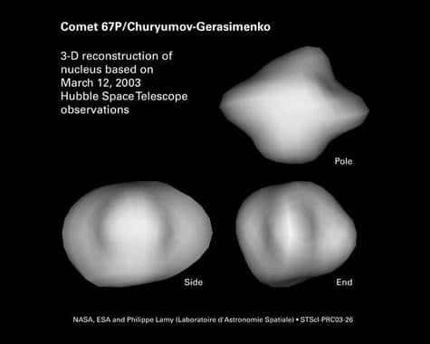 Le noyau de la comète Churyumov-Gerasimenko, reconstitué sur base de données obtenues par le télescope spatial Hubble. Crédit ESA-NASA