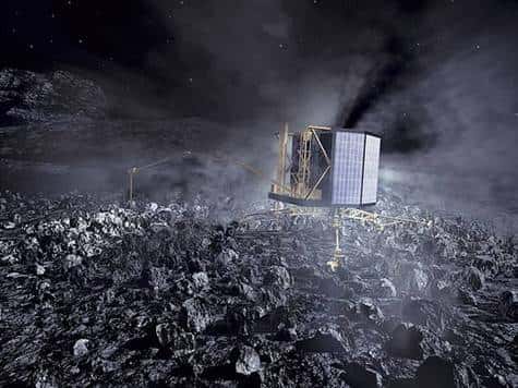 Philae ancré sur le noyau cométaire (vue d'artiste). Crédit ESA.