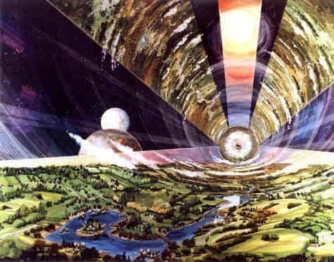 Colonie spatiale de Gerard O'Neill, vue intérieur.<br />Painting by Rick Guidice courtesy of NASA