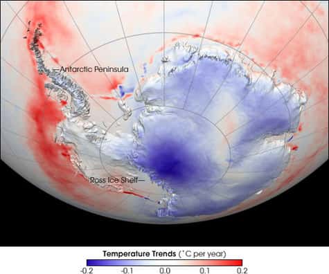 Tendance des températures en Antarctique pour la période 1982-2004. Alors qu'il s'est réchauffé sur les bords, le centre du continent a vu sa température diminuer.<br />Crédits : NASA