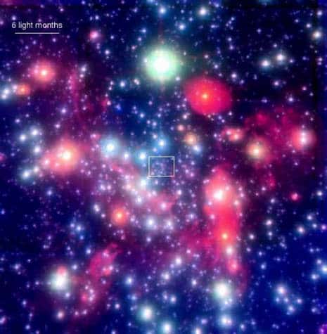Image en fausses couleurs du centre de la Galaxie.<br />Au centre de la boite se trouve le trou noir central<br />(Crédits : Max-Planck-Institut für extraterrestrische Physik).