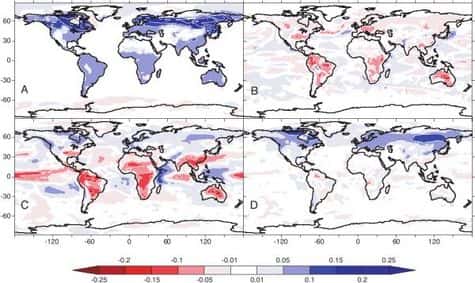 Résultats de simulations de la différence entre une déforestation globale et le cas standard (sans déforestation globale) pour 2100. Aux hautes et moyennes latitudes dans l'hémisphère nord, l'effet albédo (A) domine le changement de climat et produit un fort refroidissement dans le modèle global par rapport au modèle standard. Dans les tropiques, par contre, la déforestation augmente l'albédo de surface (A) mais diminue l'évapotranspiration (B), ce qui a pour conséquence de réduire la nébulosité (C). S'ensuit alors une diminution de l'albédo planétaire (D) (vu depuis le sommet de l'atmosphère) qui contrebalance en grande partie les effets dus à l'augmentation de l'albédo de surface.<br />Crédits : PNAS