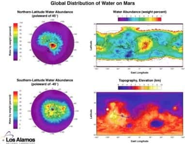  <em>Cartes de la répartition des réserves d'eau sur Mars. Pôles, planisphère et topographie (Los Alamos)</em>