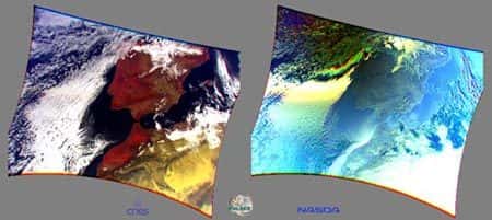 <em>Premières acquisitions réalisées par l'instrument le 1er février 2003 sur la péninsule ibérique et le nord de l'Afrique en lumière naturelle (à gauche) et en lumière polarisée (à droite).</em><br />Crédits : CNES