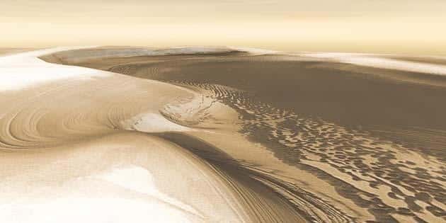 Cette image prise par la sonde Mars Odyssey révèle les dépôts successifs de glace et de poussière qui ont créé les parois du canyon Chasma Boreale. Crédit Nasa