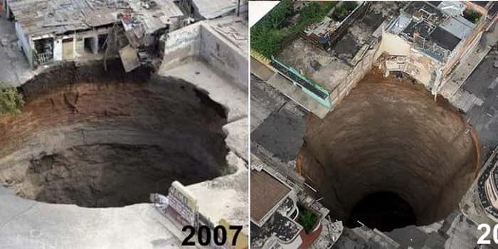 Deux cavités brutalement apparues à Guatemala City. A gauche, celui de février 2007, profond d'une centaine de mètres. A droite, celui de ce mardi premier juin. © DR