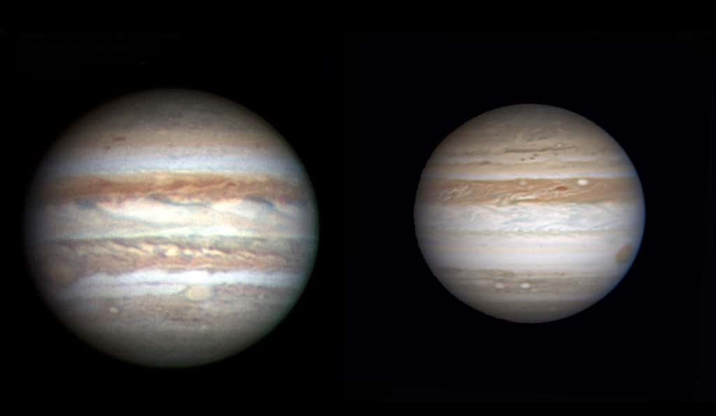 La bande équatoriale sud de Jupiter a disparu. A gauche image de C. Go prise en 2006, à droite image d'A. Wesley prise début mai 2009