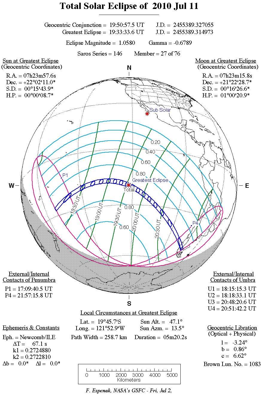 Carte des circonstances de l'éclipse totale de Soleil du 11 juillet 2010. Crédit F. Espenak / Nasa / GSFC