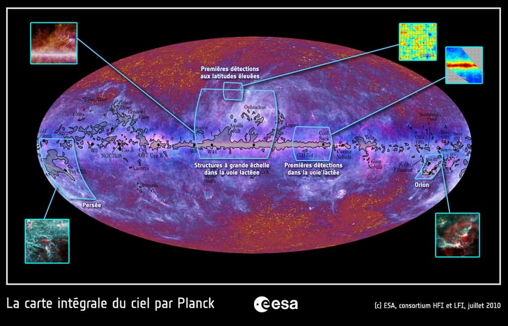 Carte intégrale du ciel obtenue avec le satellite Planck de l’Esa. Sur cette carte, des images ont été positionnées. Les noms de certaines structures de la Voie lactée ont été ajoutées. © ESA, HFI &amp; LFI Consortia