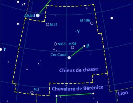 Les Chiens de Chasse, une modeste constellation qui abrite pourtant cinq objets du catalogue Messier dont la galaxie active M 106. Crédit licence <em>Commons</em>