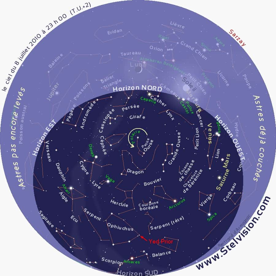 Aspect du ciel le 8 juillet en soirée. L'étoile Delta Ophiuchi (ou Yed Prior) se trouve au-dessus de l'horizon sud. Crédit Stelvision.com 