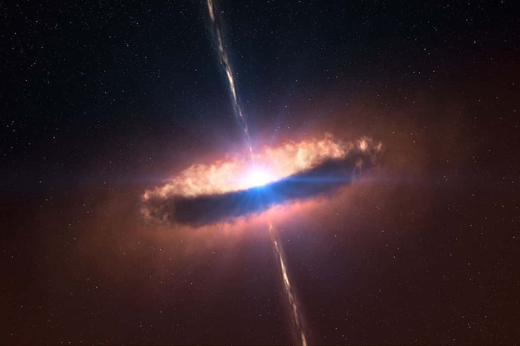 Une image d'artiste montrant un disque de poussières autour d'une étoile en formation avec une paire de jets. Crédit : ESO/L. Calçada/M. Kornmesser