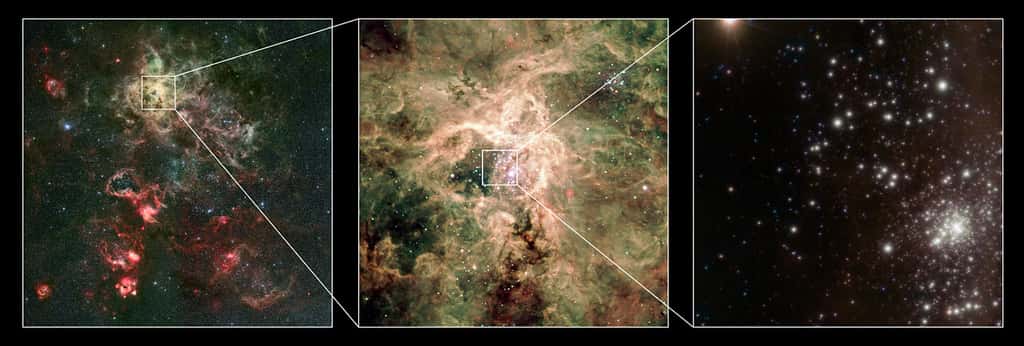 Un zoom sur la nébuleuse de la Tarentule dans le visible aboutissant à l'amas RMC 136a vue dans l'infra-rouge proche, ici en fausses couleurs. © ESO/P. Crowther/C.J. Evans.