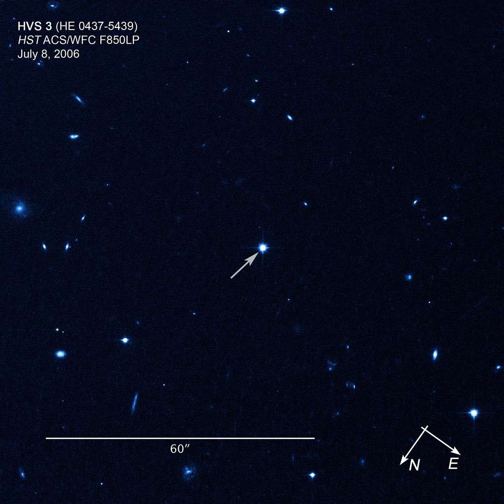 L'étoile hyper-véloce HE 0437-5439 photographiée par le télescope spatial <em>Hubble</em>. Crédit Nasa/Esa/O. Gnedin/W. Brown