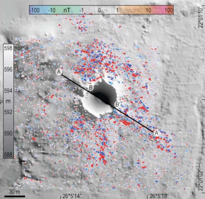 Sur cette image du cratère ont été reportés tous les points de collecte de météorites pesant plus de 10 grammes. Crédit L. Folco 