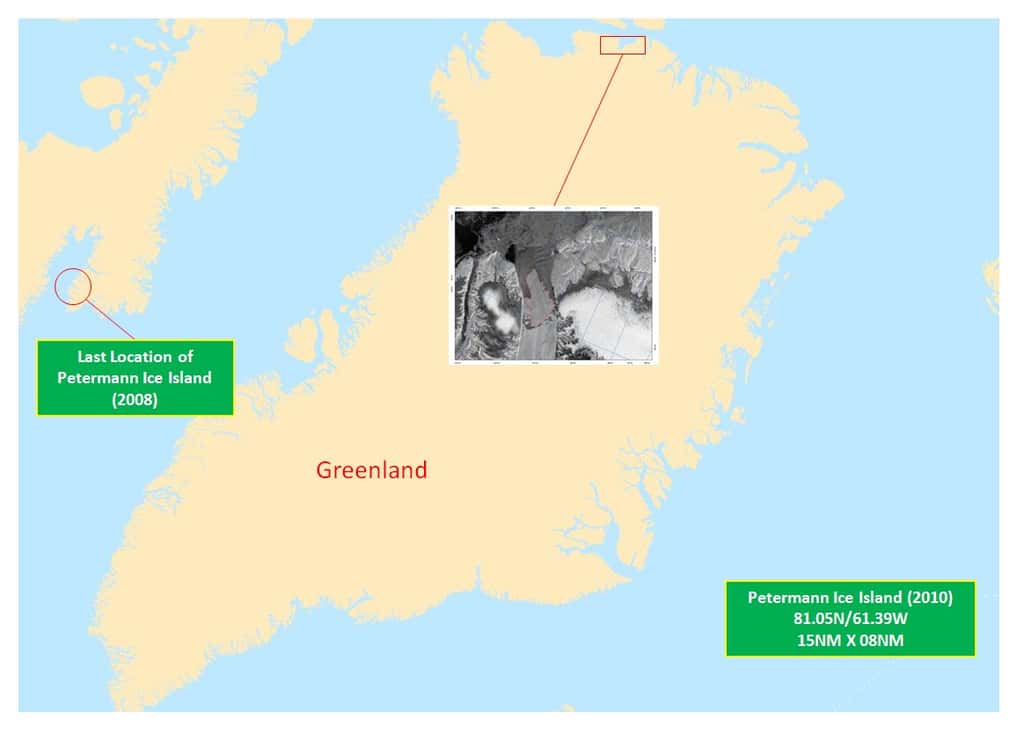 Le glacier Petermann est situé au nord-ouest du Groenland et s'écoule dans le détroit de Nares, entre la mer de Baffin, au sud, et l'océan Arctique, au nord. En 2008, un morceau de 29 km<sup>2</sup> s'était détaché et est venu s'échouer sur les côtes de l'île de Baffin, dans la baie Cumberland (indiquée à gauche de l'image). © <em>National Ice Center</em>