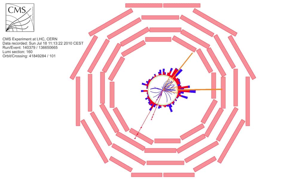 Un candidat à la production d’une paire de quarks top dans CMS, les deux quarks top se désintégrant en un W et un quark b, et les deux W se désintégrant en un muon et un neutrino. Il en résulte 2 muons (traces rouges), 2 jets identifiés comme des jets de quarks b, et de l’énergie manquante (à cause des neutrinos qui s'échappent). Crédit : Collaboration CMS-Cern
