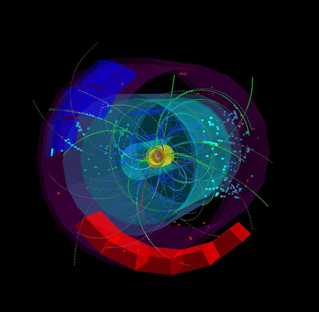 Les traces de particules jaillissent du cœur de l’expérience Alice, résultant de l’une des premières collisions à une énergie totale de 7 TeV. Crédit : Despina Chatzifotiadou-Cern