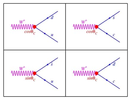 Les cosinus et sinus de l'angle de Cabibbo sont présents dans la matrice qu'il a introduite. Les probabilités de transformation des quarks les uns dans les autres avec émission ou absorption, par exemple d'un boson W<sup>+ </sup>comme sur ces schémas, leur sont proportionnelles. Crédit : Ian C. Brock