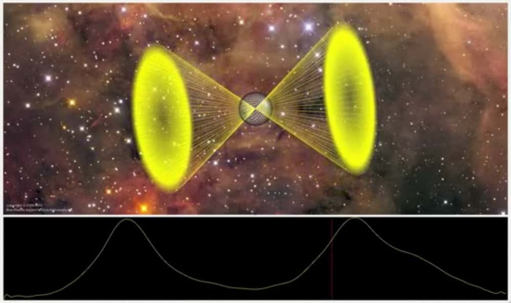 Représentation du pulsar PSR J2007+2722 découvert par le réseau Einstein@Home. Crédit Oliver Bock/<em>Albert Einstein Institute</em>