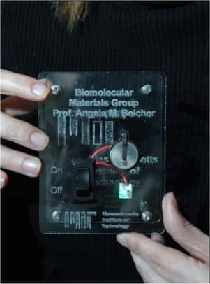 Un prototype de la batterie constituée de virus modifiés, présentée en 2009, dans les mains d'Angela Belcher. La batterie elle-même est le disque gris et sert – modestement – à alimenter une diode lumineuse (le carré clair). © MIT/Donna Coveney