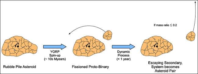 L'effet YORP est à l'origine de la fragmentation des astéroïdes. Le plus petit des deux morceaux, s'il représente moins de 60% de la taille de son grand frère, s'en éloigne lentement. Crédit P. Pravec