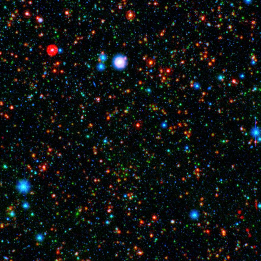 Des points multicolores pour comprendre l’Univers d’aujourd’hui. Voir la légende dans la suite du texte. © Nasa/JPL-Caltech/Texas A M