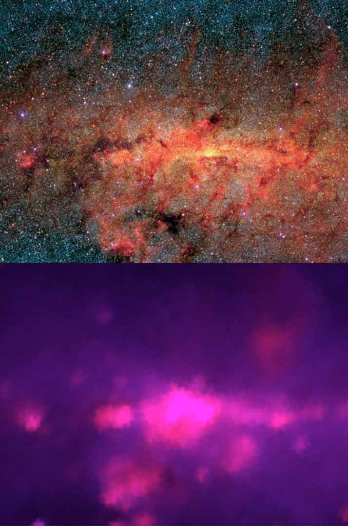 En bas, une image du centre de notre galaxie prise en 1983. La même zone observée par MSX un quart de siècle plus tard. © Nasa/JPL-Caltech/IRAS/MSX