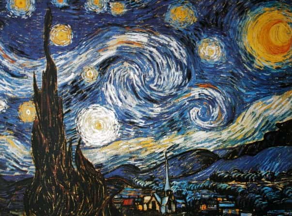 Dans sa &quot;Nuit étoilée&quot; peinte en 1889, Vincent Van Gogh représente les astres comme des spirales, une forme qu'on retrouve dans la nébuleuse planétaire Iras 23166+1655. Crédits DR