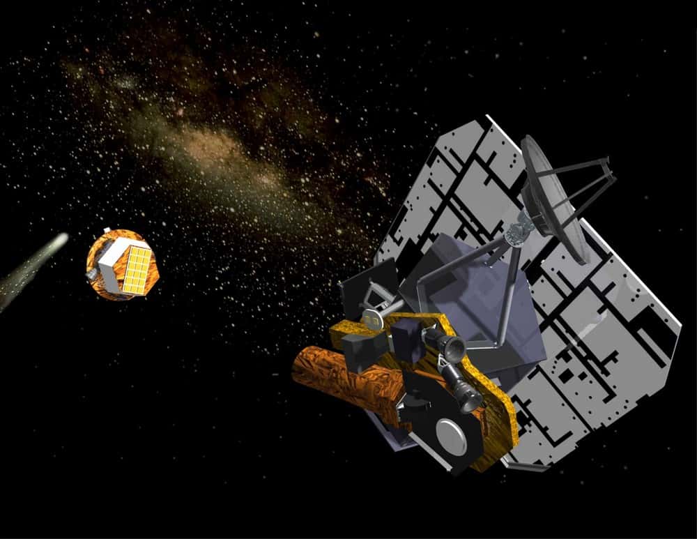 Représentation d'artiste montrant la sonde Deep Impact après largage de son impacteur en direction de la comète Tempel 1 en juillet 2005. Crédit Nasa